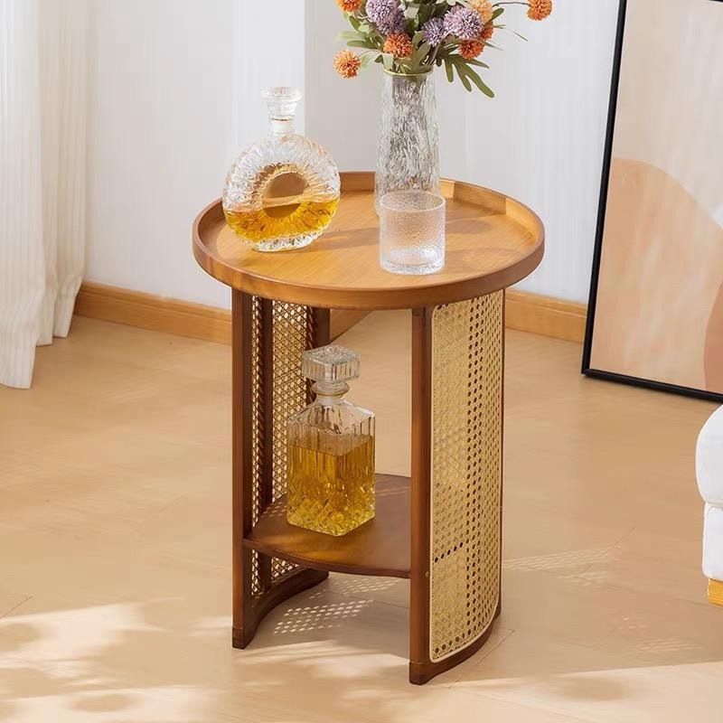 Round Rattan Woven Coffee Table – Small Living Room Accent & Bedside Shelf