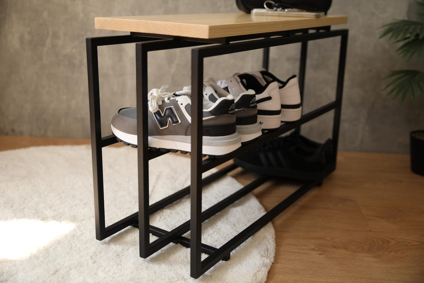 2-Tier industrial Shoe Rack, Wooden and Metal Shoe Rack