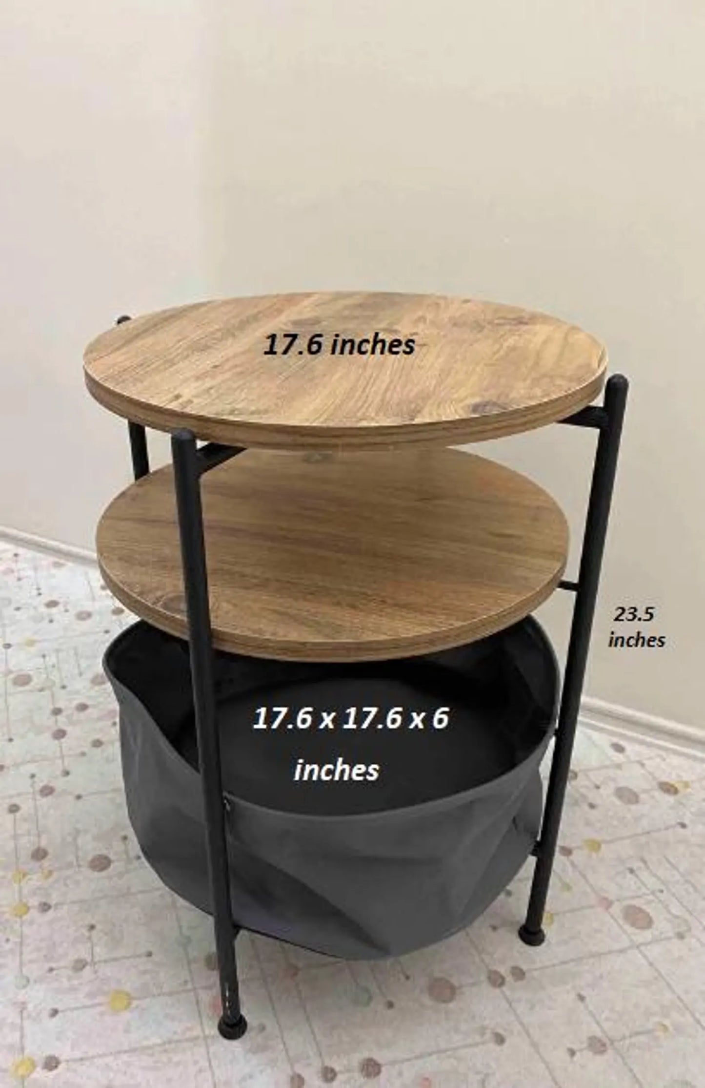Black Dual-Layer Metal Side Table with Wide Storage Pocket