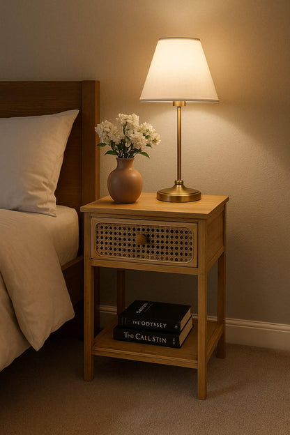 Rattan Bamboo Nightstand with Drawer