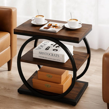 Modern Industrial Side Table, 3-Tier Wooden End Table