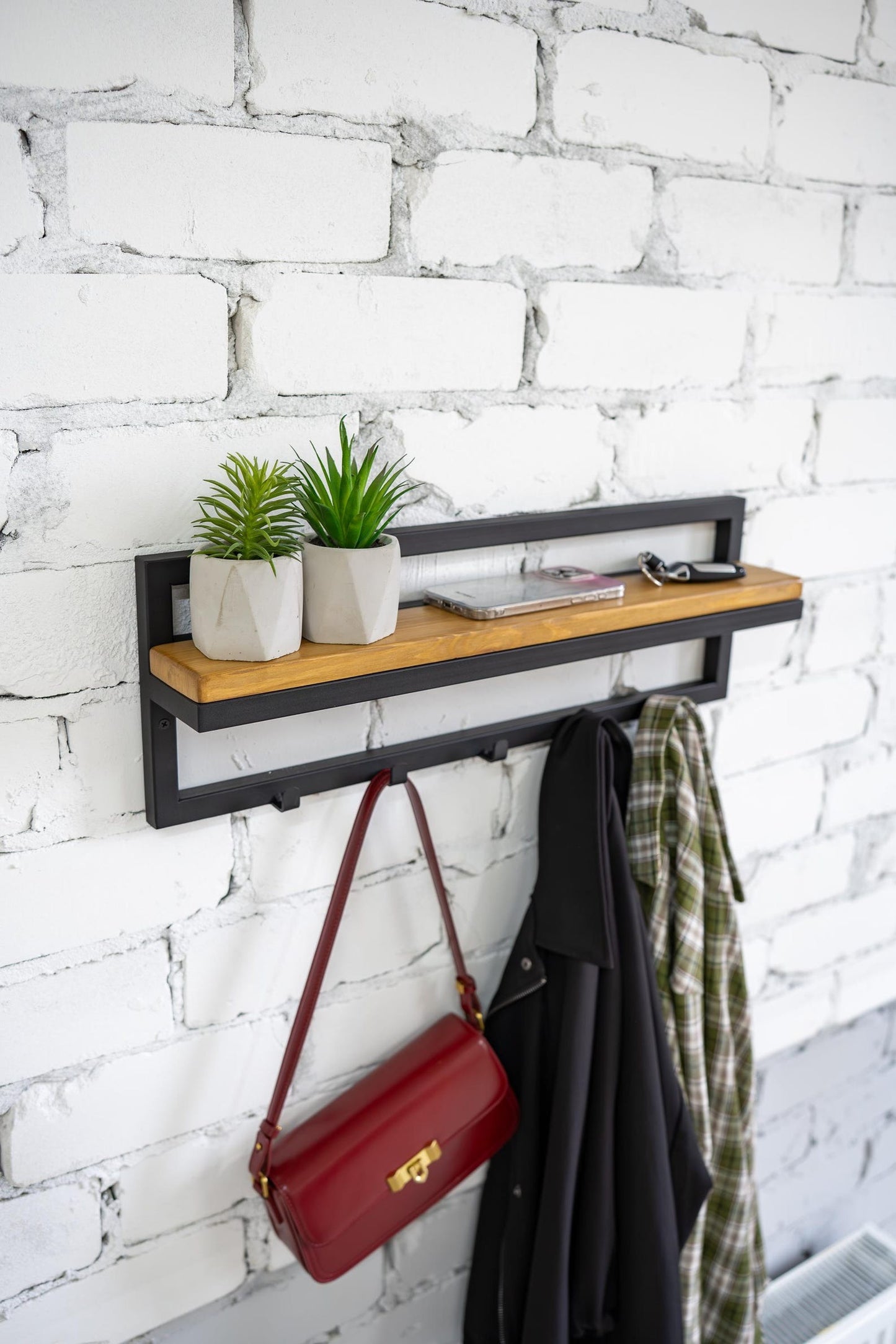Entryway Shelf with Hooks, Industrial Hallway Storage