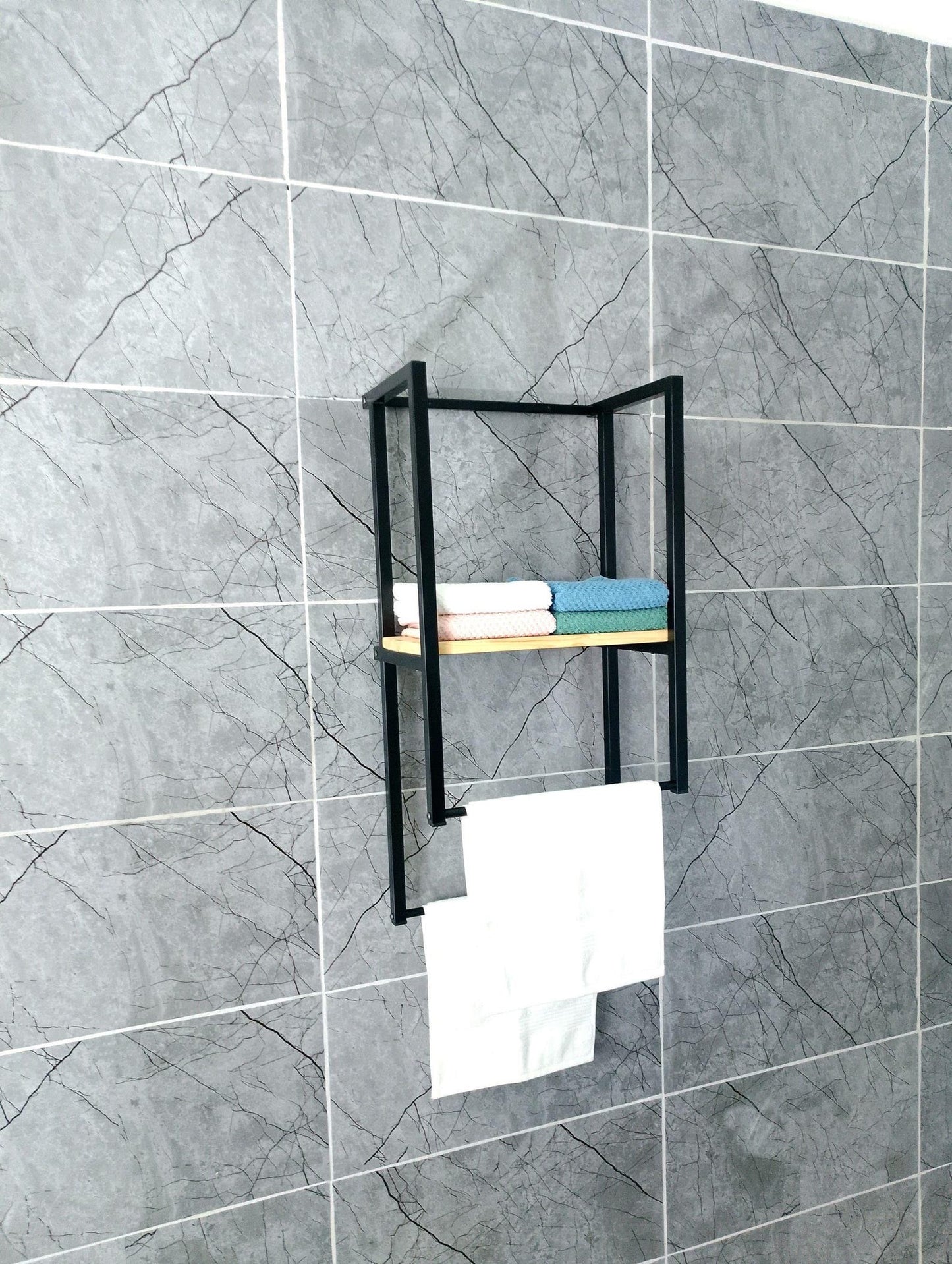 Towel Holder with Wooden Shelf and Drying Bar