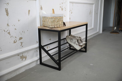 Wood and Metal Shoe Bench- Entryway Shoe Rack with Seat