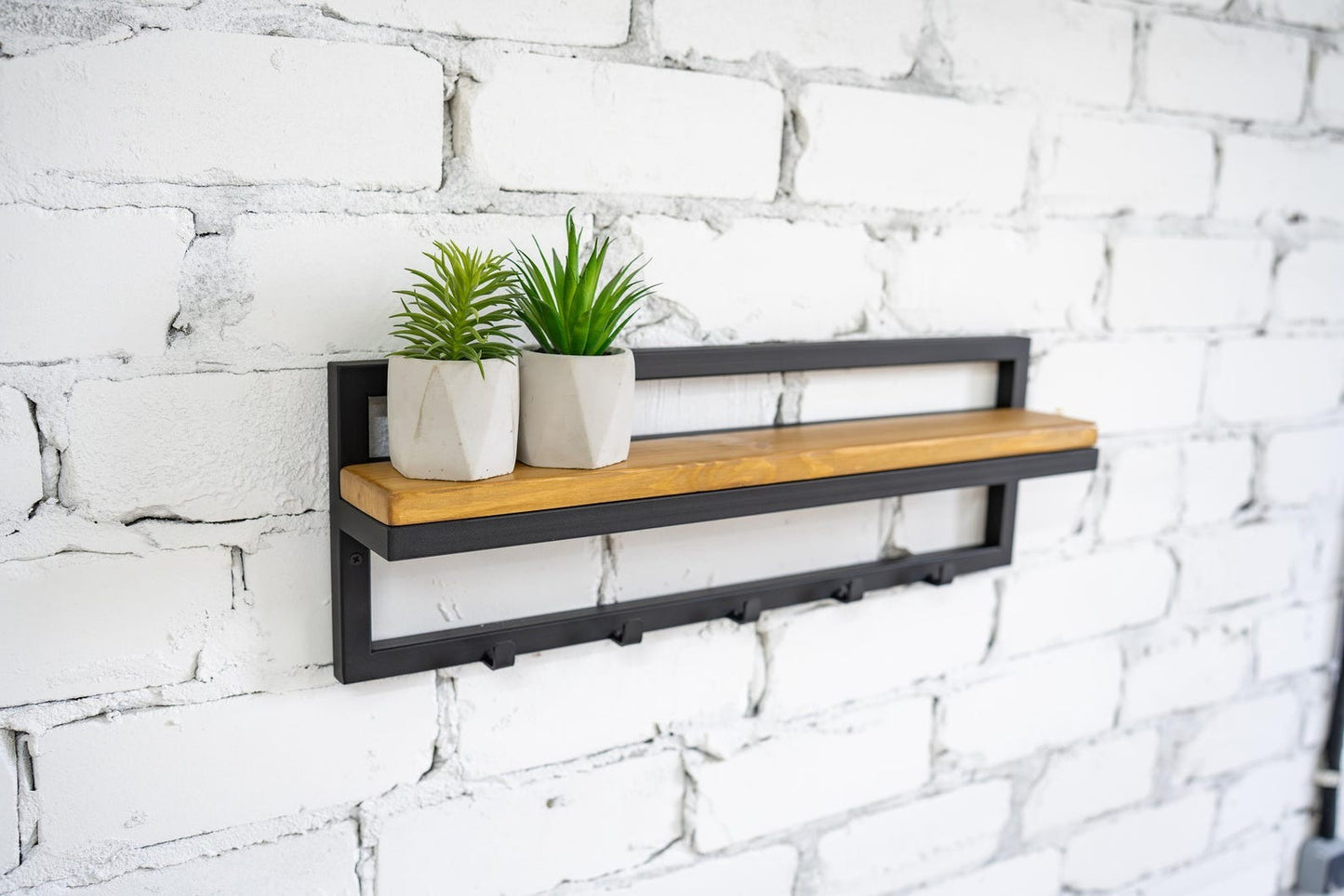 Entryway Shelf with Hooks, Industrial Hallway Storage