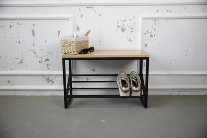 Wood and Metal Shoe Bench- Entryway Shoe Rack with Seat
