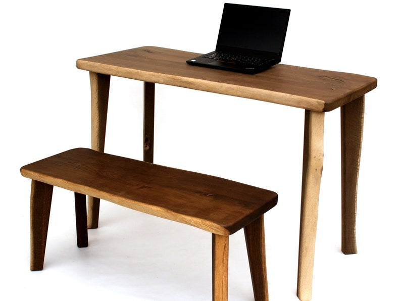 Live Edge Sheesham Wood Desk with Matching Bench – Handmade Solid Wood Office Furniture, Rustic Modern Workstation Set
