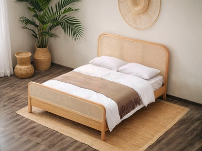 Oak Bed with Rattan Headboard and Footboard Wooden Bed Frame, Boho Style Bed, Natural Rattan Accent Bed for Bedroom