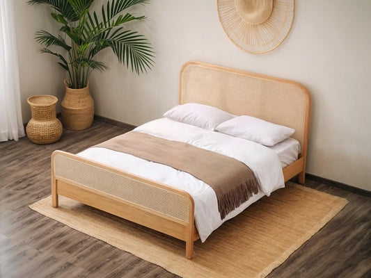 Oak Bed with Rattan Headboard and Footboard Wooden Bed Frame, Boho Style Bed, Natural Rattan Accent Bed for Bedroom