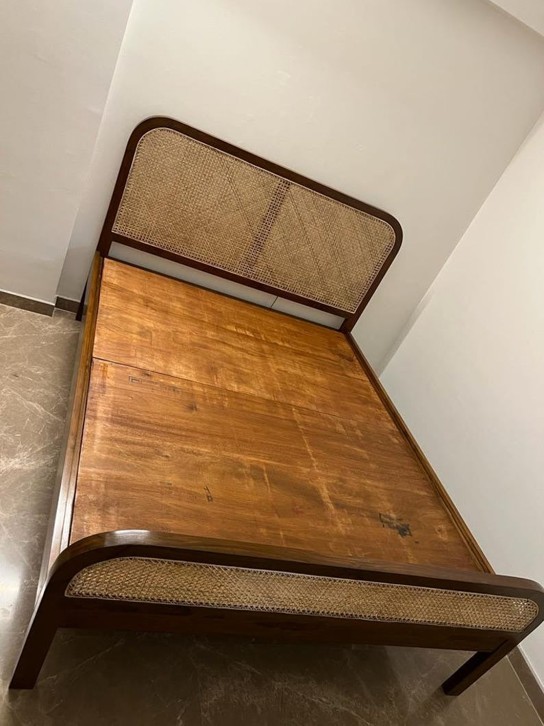Mid-Century Modern Sheesham wood Bed with Rattan Headboard | Handmade Solid Wood Bed Frame