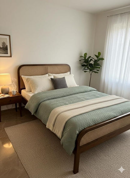 Mid-Century Modern Sheesham wood Bed with Rattan Headboard | Handmade Solid Wood Bed Frame
