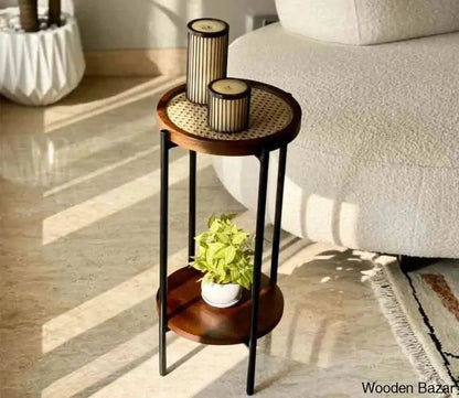 Solid Sheesham Wood Rattan Round Coffee Table | Modern Cane Center Table for Living Room