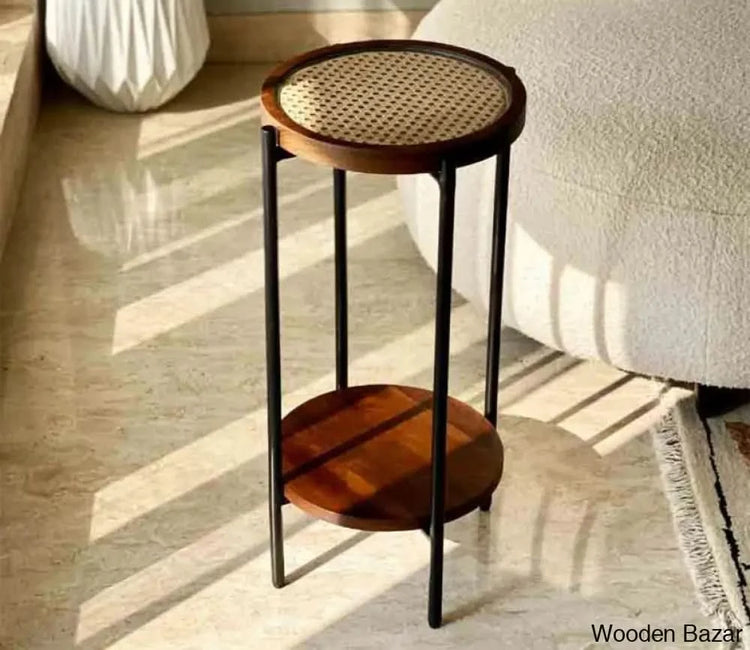Solid Sheesham Wood Rattan Round Coffee Table | Modern Cane Center Table for Living Room