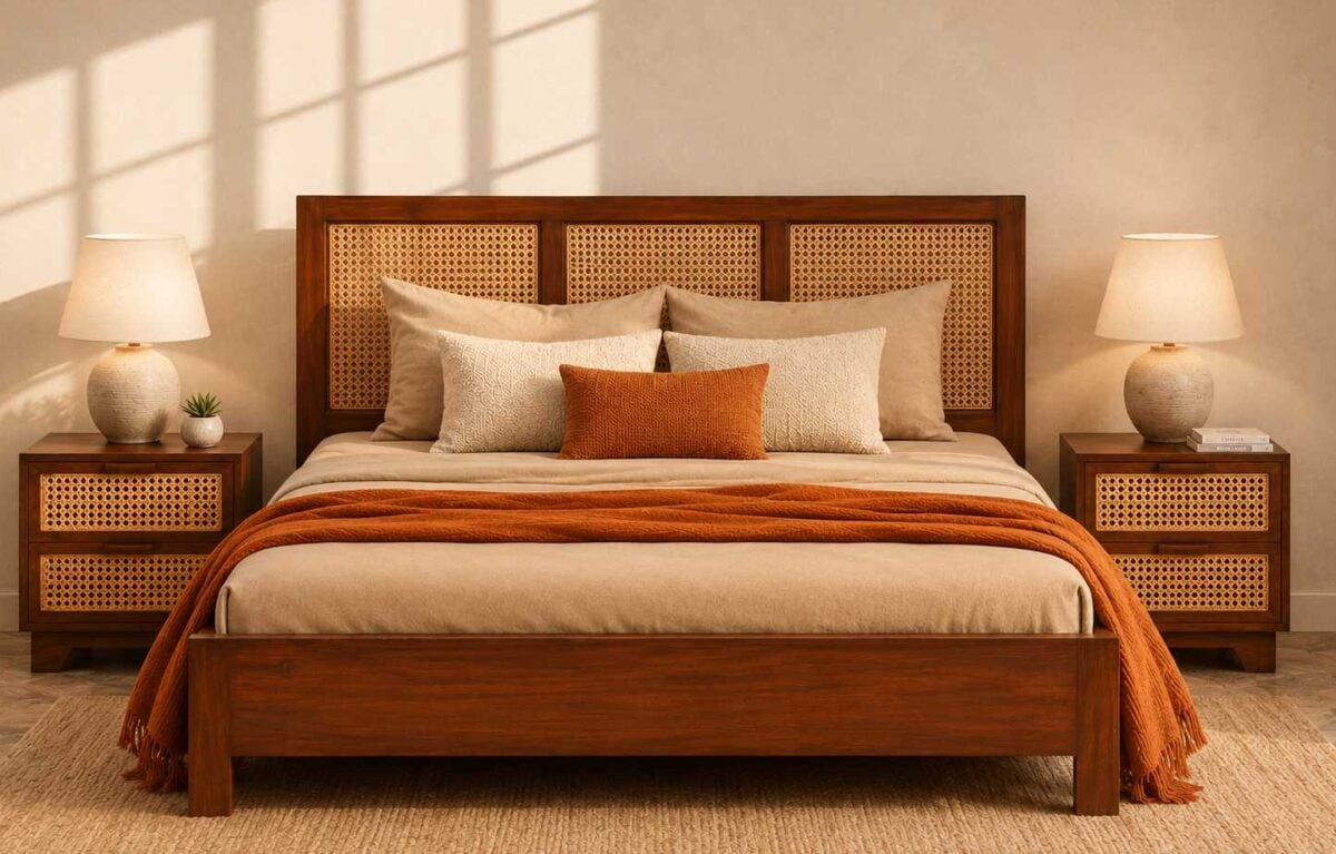 Rattan Cane Bed Set | Handcrafted Solid Wood Bedroom Set
