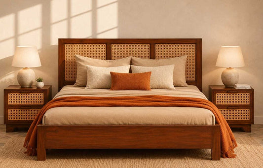 Rattan Cane Bed Set | Handcrafted Solid Wood Bedroom Set