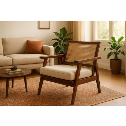 Solid Sheesham Wood Rattan Armchair | Handcrafted Cane Accent Chair