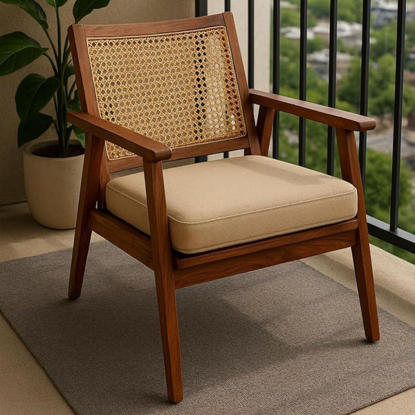 Solid Sheesham Wood Rattan Armchair | Handcrafted Cane Accent Chair