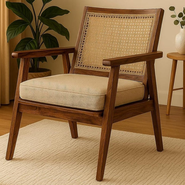 Solid Sheesham Wood Rattan Armchair | Handcrafted Cane Accent Chair