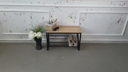 Wood and Metal Shoe Bench- Entryway Shoe Rack with Seat