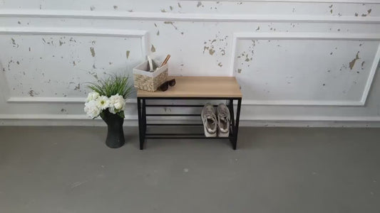 Wood and Metal Shoe Bench- Entryway Shoe Rack with Seat