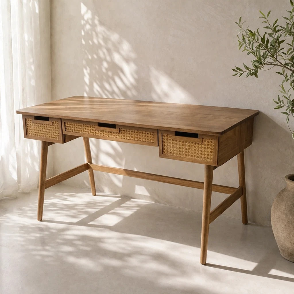 Boho Solid Sheesham Wood Writing Desk with Cane Drawers | Modern Home Office Computer Table | 3-Drawer Study Desk
