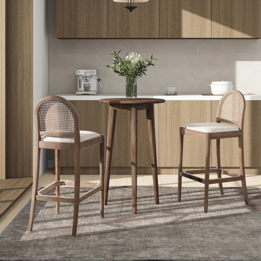 Curved Back Cane Rattan Bar Stool | Solid Sheesham Wood Counter Stool | Modern Kitchen Bar Chair