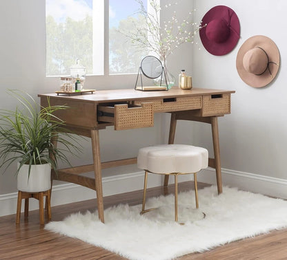 Boho Solid Sheesham Wood Writing Desk with Cane Drawers | Modern Home Office Computer Table | 3-Drawer Study Desk