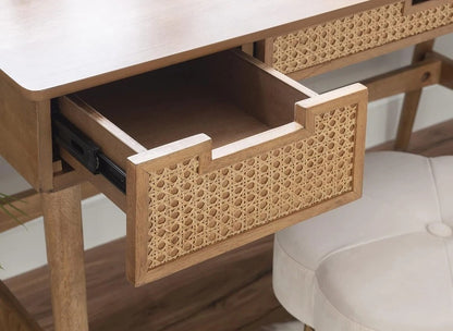 Boho Solid Sheesham Wood Writing Desk with Cane Drawers | Modern Home Office Computer Table | 3-Drawer Study Desk