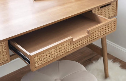 Boho Solid Sheesham Wood Writing Desk with Cane Drawers | Modern Home Office Computer Table | 3-Drawer Study Desk