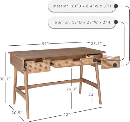 Boho Solid Sheesham Wood Writing Desk with Cane Drawers | Modern Home Office Computer Table | 3-Drawer Study Desk