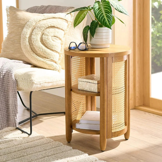 Retro Solid Sheesham Wood Round Side Table with Cane Shelves | Modern End Table | 2-Tier Accent Table