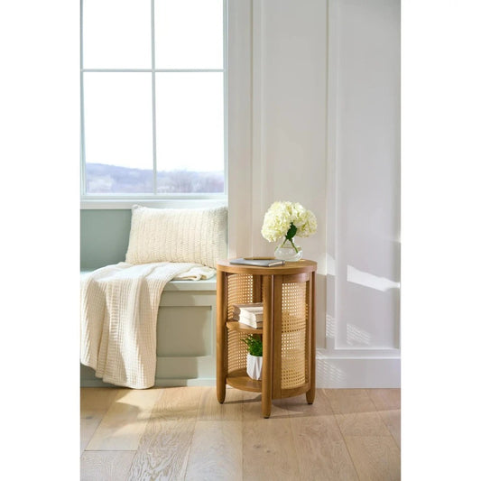 Retro Solid Sheesham Wood Round Side Table with Cane Shelves | Modern End Table | 2-Tier Accent Table