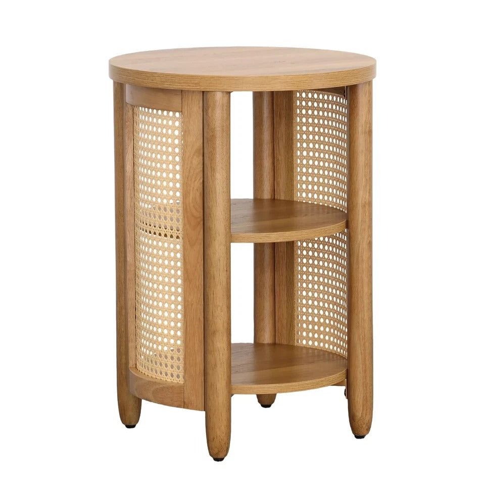 Retro Solid Sheesham Wood Round Side Table with Cane Shelves | Modern End Table | 2-Tier Accent Table