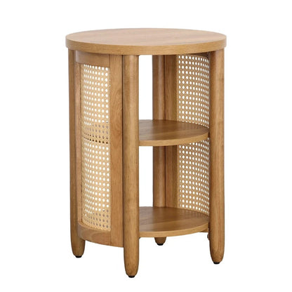 Retro Solid Sheesham Wood Round Side Table with Cane Shelves | Modern End Table | 2-Tier Accent Table