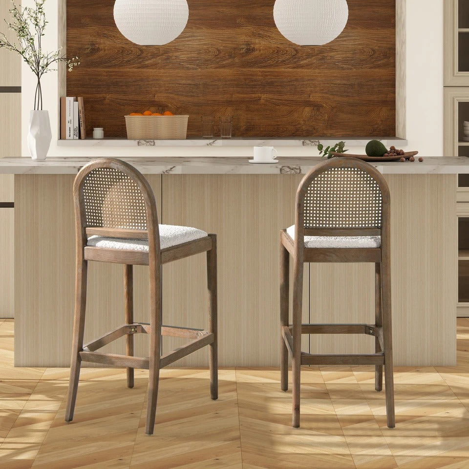 Curved Back Cane Rattan Bar Stool | Solid Sheesham Wood Counter Stool | Modern Kitchen Bar Chair