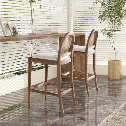 Curved Back Cane Rattan Bar Stool | Solid Sheesham Wood Counter Stool | Modern Kitchen Bar Chair