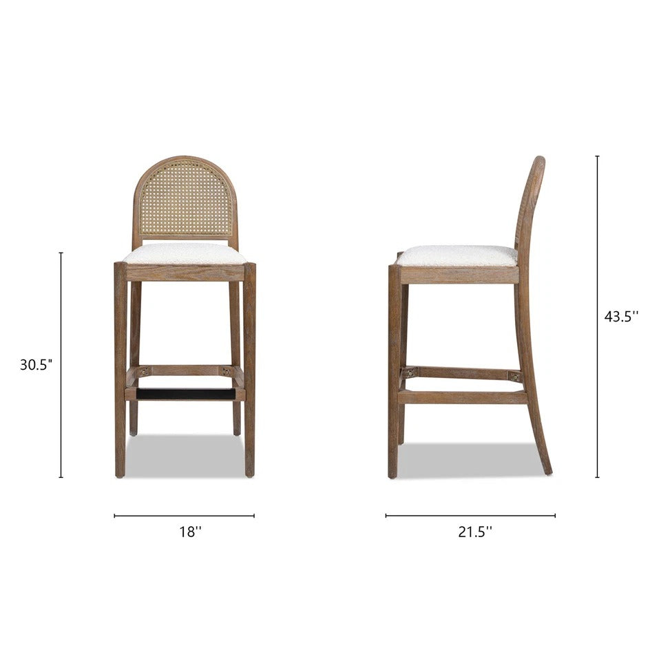Curved Back Cane Rattan Bar Stool | Solid Sheesham Wood Counter Stool | Modern Kitchen Bar Chair