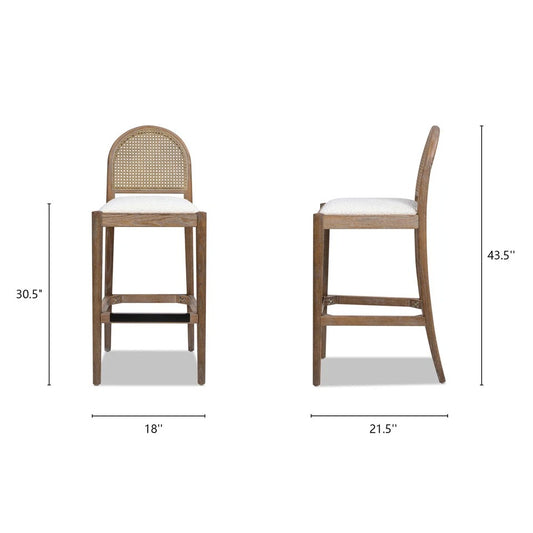 Curved Back Cane Rattan Bar Stool | Solid Sheesham Wood Counter Stool | Modern Kitchen Bar Chair