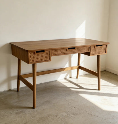 Boho Solid Sheesham Wood Writing Desk with Cane Drawers | Modern Home Office Computer Table | 3-Drawer Study Desk