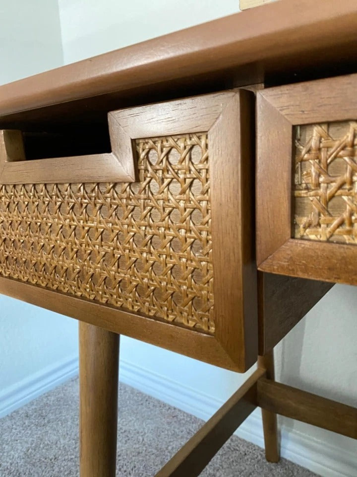 Boho Solid Sheesham Wood Writing Desk with Cane Drawers | Modern Home Office Computer Table | 3-Drawer Study Desk