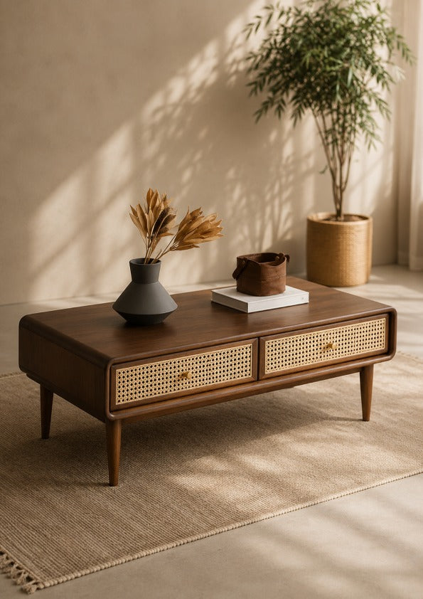 Solid Sheesham Wood Rattan Console Table | Modern Cane Entryway & Hallway Table