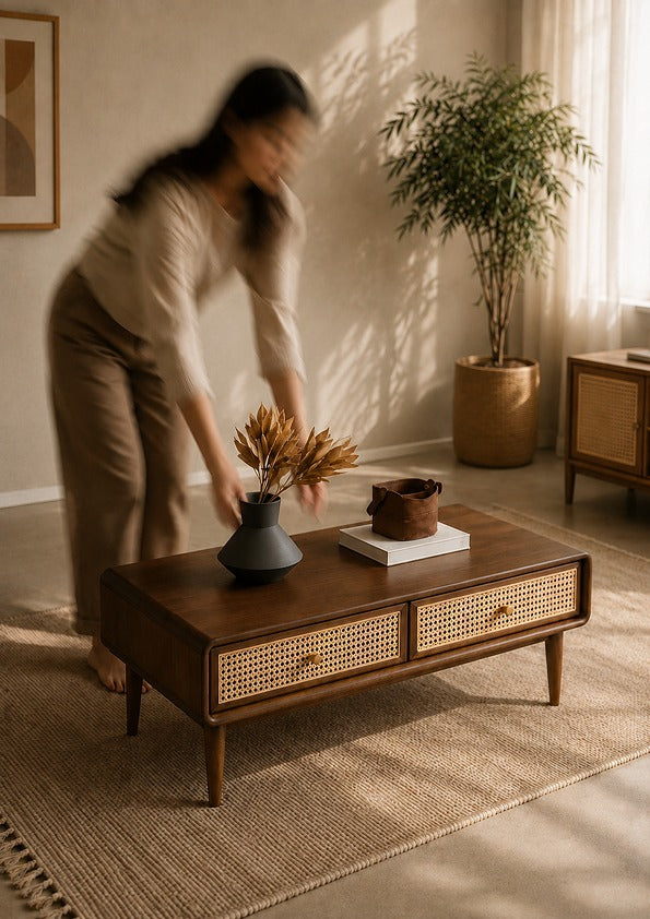 Solid Sheesham Wood Rattan Console Table | Modern Cane Entryway & Hallway Table