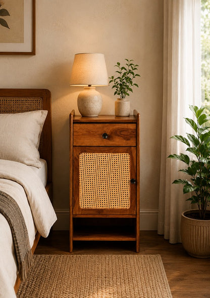 Rattan Wooden Rack | Solid Sheesham Wood & Natural Cane Storage Shelf