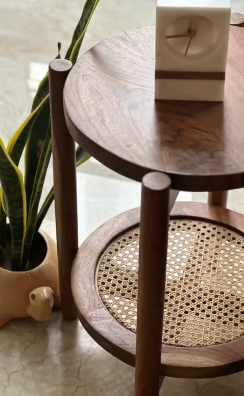 Solid Sheesham Wood Rattan Round Side Table | Modern Cane End Table for Living Room