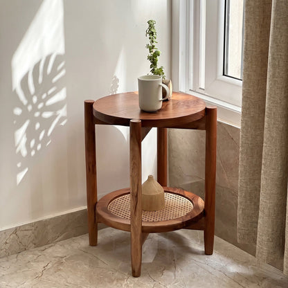 Solid Sheesham Wood Rattan Round Side Table | Modern Cane End Table for Living Room