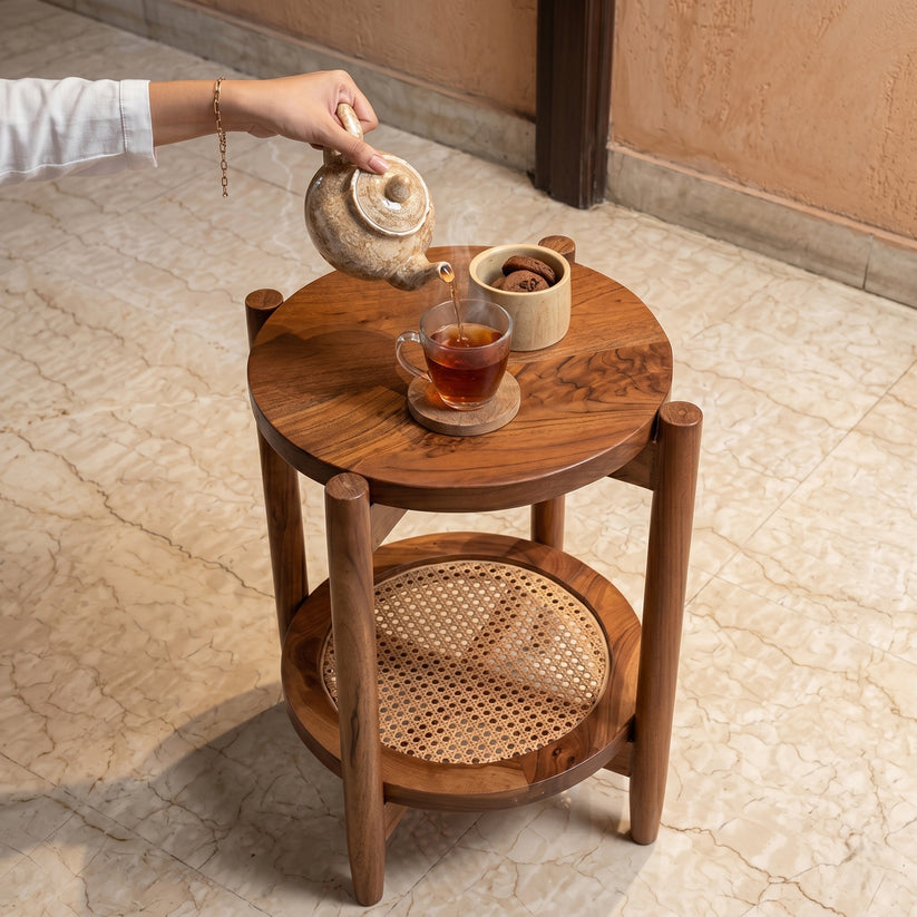Solid Sheesham Wood Rattan Round Side Table | Modern Cane End Table for Living Room