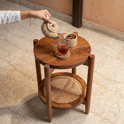 Solid Sheesham Wood Rattan Round Side Table | Modern Cane End Table for Living Room