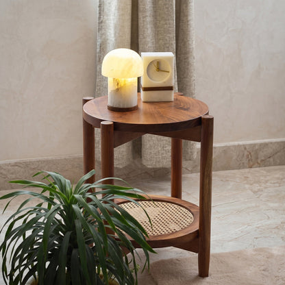 Solid Sheesham Wood Rattan Round Side Table | Modern Cane End Table for Living Room