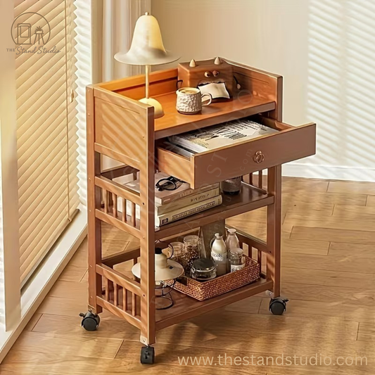 Versatile Wooden Trolley with Wheels & Multi-Shelf Storage