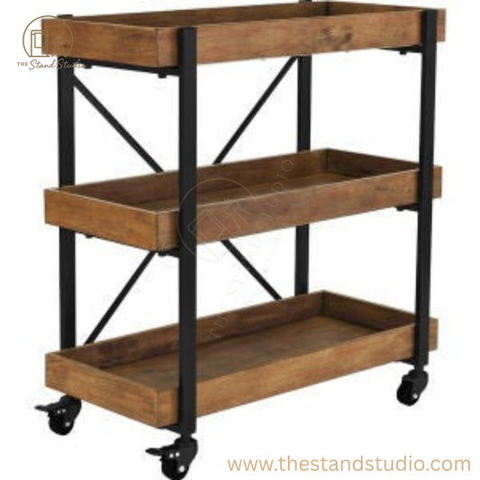 Adore Decor Riley Modern Rustic Rolling Bar Cart with Wheels | Sheesham Wood & Metal Kitchen Organizer Utility Trolley